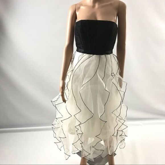 BCBGMAXAZRIA strapless tulle ruffled skirt midi dress off white combo black 6 - Picture 6 of 15